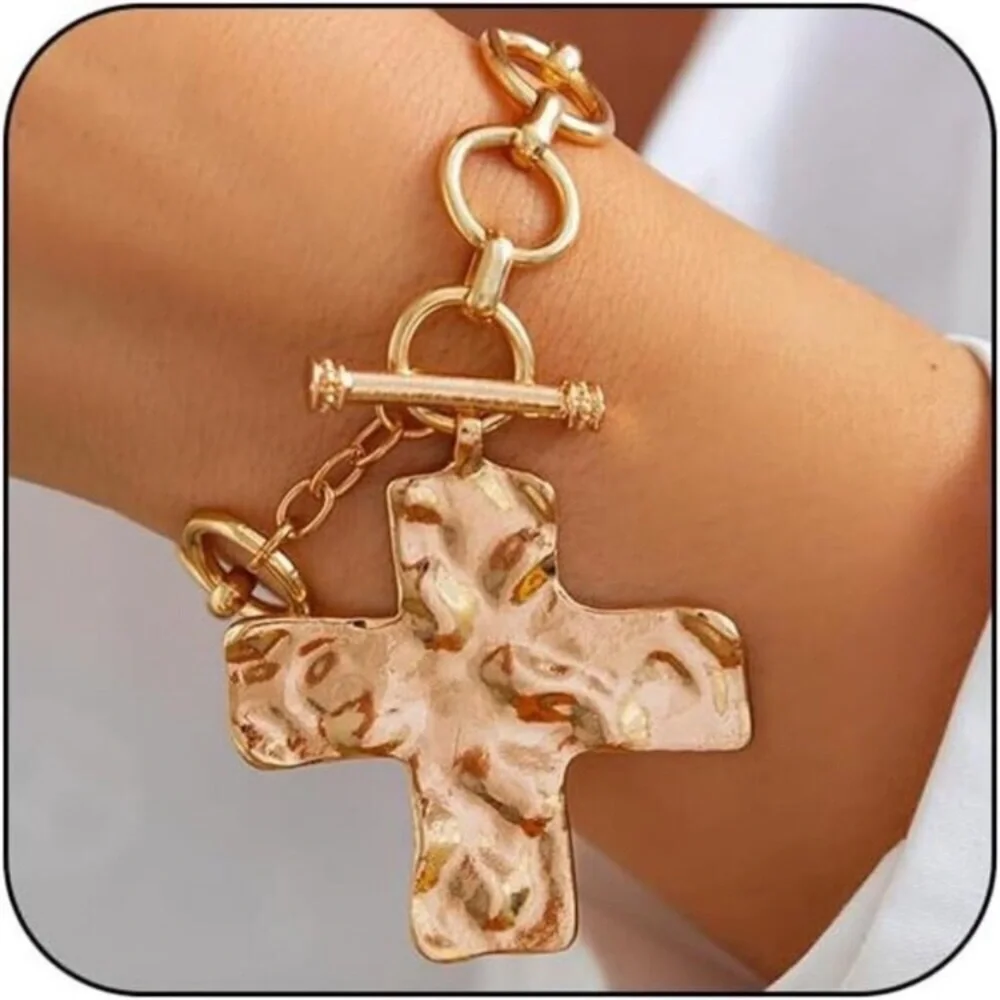 Chunky Big Hammered 24k Gold Plated Cross Bracelet Statement Faith Bracelet new